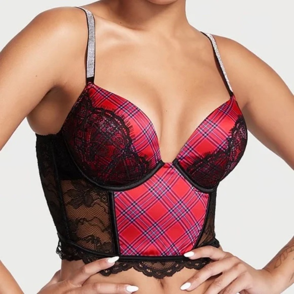 Victoria's Secret Red Plaid and Black Lace Bustier panty set of 3 34d/ medium